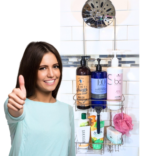 Gecko-Loc Long Adjustable Bathroom Shower Caddy, Over Shower Head Hanging Organizer with Adhesive –