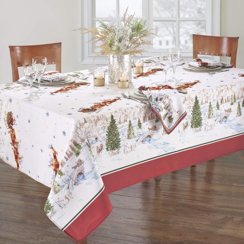 Elrene Home Fashions Santa’s Snowy Sleighride Fabric Tablecloth, 60" x 102", Multi