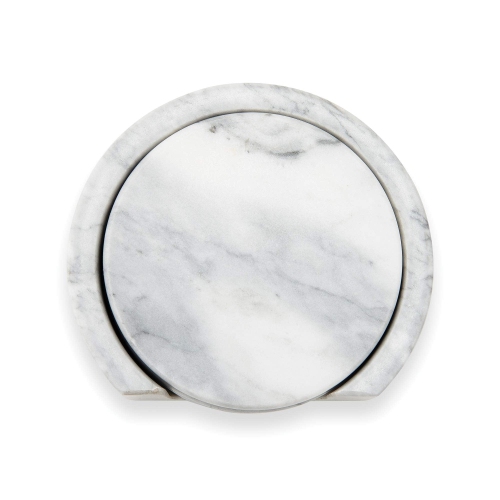 Fox Run Drink Coasters, Marble, Set of 4 White Marble Coasters with Holder