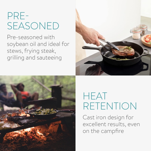 Navaris Cast Iron Skillet - 10 inch Cast Iron Pan - Seasoned Cookware for Frying, Cooking, Oven, Stove Top, Camping