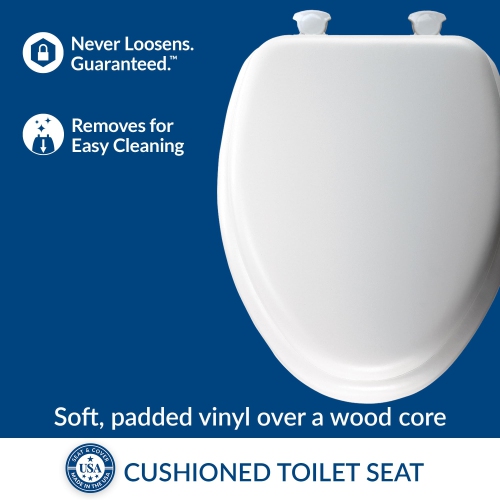 Mayfair Padded Toilet Seat, Cushioned Soft Vinyl Over Wood Core Seat, Secure Hinges, Easy Clean, Elongated, White