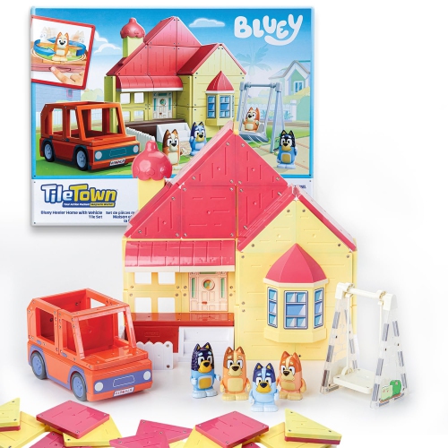 TILE TOWN  Bluey Heeler Home And 4Wd Vehicle Magnetic Tiles Construction Building Playset + Family Figures, Kids 3-5+