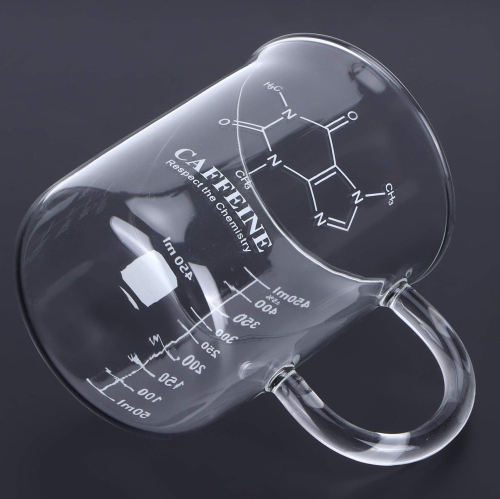 Tasse cafféine Beaker, tasse en verre borosilicaté avec poignée et balance de mesure pour les boissons chaudes et froides.