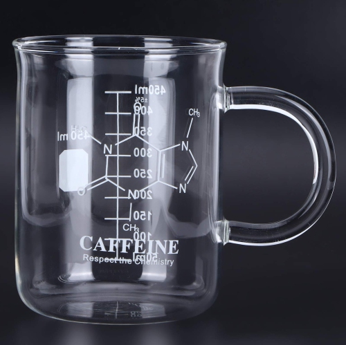 Tasse cafféine Beaker, tasse en verre borosilicaté avec poignée et balance de mesure pour les boissons chaudes et froides.