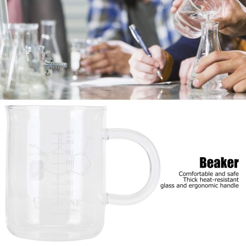Tasse cafféine Beaker, tasse en verre borosilicaté avec poignée et balance de mesure pour les boissons chaudes et froides.