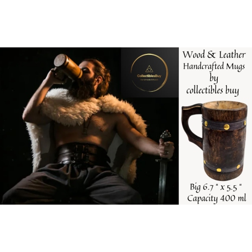 Antique Wooden Tankard Drinking Mug Handmade Leather Barrel Beer Coffee Food Safe Beverage Ancient Style Rustic Wooden..