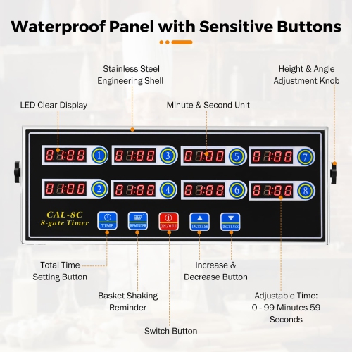 BEAMNOVA 8-Channel Digital Kitchen Timer Commercial Cooking Fryer Reminder Loud Ring Alarm Stainless Steel Adjustable ..