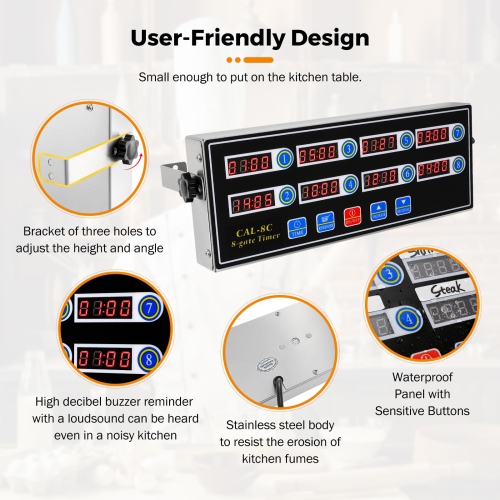 BEAMNOVA 8-Channel Digital Kitchen Timer Commercial Cooking Fryer Reminder Loud Ring Alarm Stainless Steel Adjustable ..