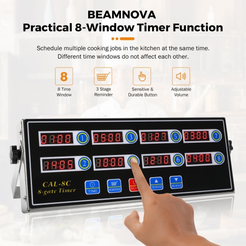 BEAMNOVA 8-Channel Digital Kitchen Timer Commercial Cooking Fryer Reminder Loud Ring Alarm Stainless Steel Adjustable ..