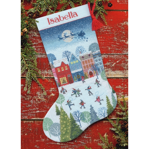 Dimensions Skating Counted Cross Stitch Christmas Stocking Kit, 16" Long, 14 Cnt. Light Blue Aida 6 pcs