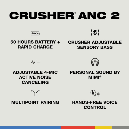 Skullcandy Crusher ANC 2 Over-Ear Noise Cancelling Wireless Headphones with Sensory Bass, 50 Hr Battery, Alexa Enabled, Microphone, Works with