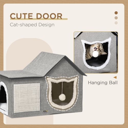 PawHut Cat Bed for Indoor, Large Cat House with Soft Cushion, Scratching Pad, Dangling Ball, Kitten Condo Hideaway with Dual Entrances, Grey
