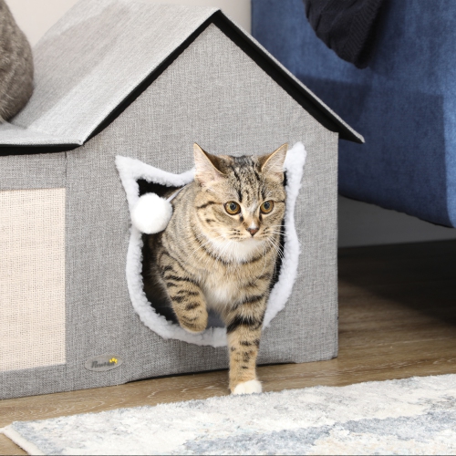 PawHut Cat Bed for Indoor, Large Cat House with Soft Cushion, Scratching Pad, Dangling Ball, Kitten Condo Hideaway with Dual Entrances, Grey