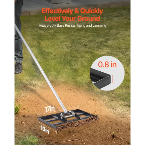 VEVOR 78 in Handle Lawn Leveling Rake, 17x10 in Ground Plate, Rust-Resistant Carbon Steel Soil Leveler, 5 Heights Adjustable, Effort Saving Lawn
