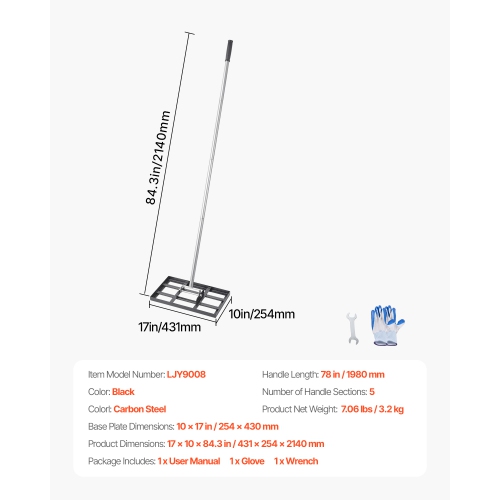 VEVOR 78 in Handle Lawn Leveling Rake, 17x10 in Ground Plate, Rust-Resistant Carbon Steel Soil Leveler, 5 Heights Adjustable, Effort Saving Lawn