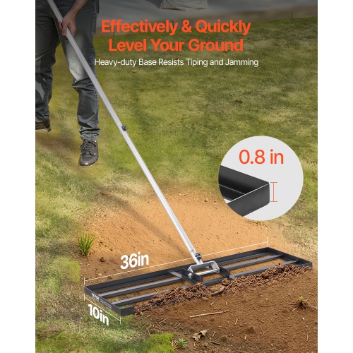 VEVOR 83.9 in Handle Lawn Leveling Rake, 36x10 in Ground Plate, Rust-Resistant Carbon Steel, 3 Heights Adjustable, Effort Saving Lawn Leveling Tool