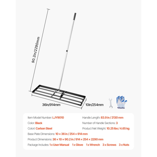 VEVOR 83.9 in Handle Lawn Leveling Rake, 36x10 in Ground Plate, Rust-Resistant Carbon Steel, 3 Heights Adjustable, Effort Saving Lawn Leveling Tool