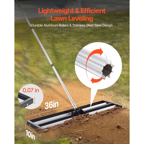 VEVOR 83.9in Handle Lawn Leveling Rake with Roller, 36" x 10" Stainless Steel Lawn Leveler, Heavy Duty Yard Leveling Rake, Effort Saving Lawn