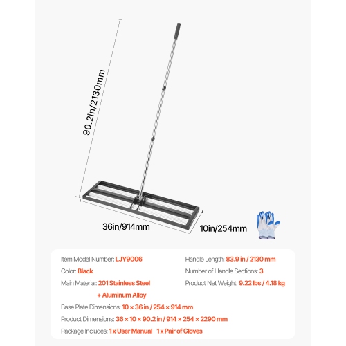 VEVOR 83.9in Handle Lawn Leveling Rake with Roller, 36" x 10" Stainless Steel Lawn Leveler, Heavy Duty Yard Leveling Rake, Effort Saving Lawn