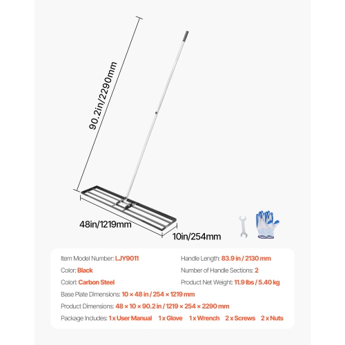 VEVOR 83.9 in Handle Lawn Leveling Rake, 48x10 in Ground Plate, Rust-Resistant Carbon Steel, 2 Heights Adjustable, Effort Saving Lawn Leveling Tool