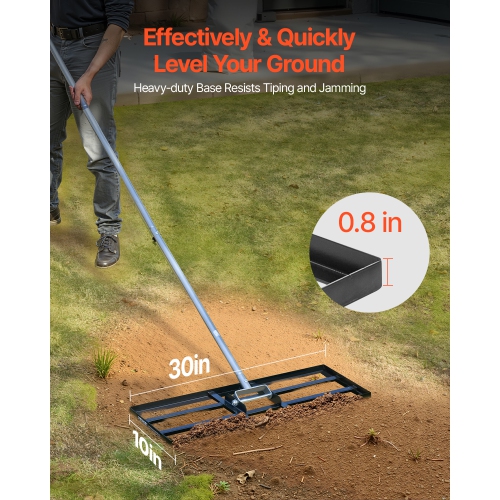 VEVOR 83.9 in Handle Lawn Leveling Rake, 30x10 in Ground Plate, Rust-Resistant Carbon Steel Soil Leveler, 3 Heights Adjustable, Effort Saving Tool