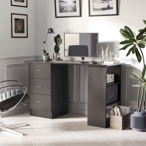 Kepooman 47 Inches Home Office Desk with 3-Tier Storage Shelves, Computer Desk with Drawers, Study Writing Table - Black