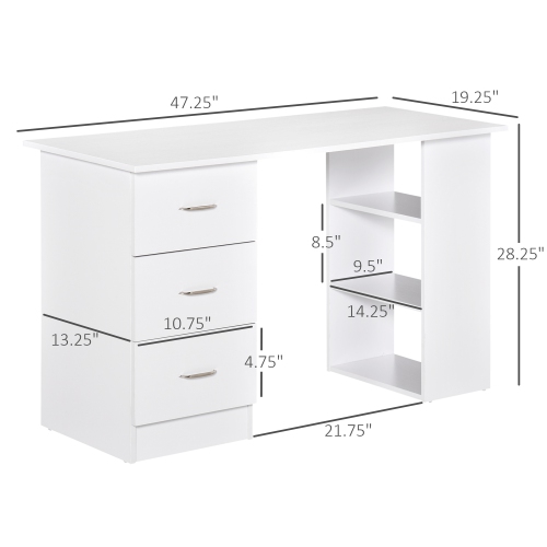 Bureau à domicile de 47&nbsp;po avec 3 tablettes de rangement, bureau d'ordinateur avec tiroirs, table d'étude Kepooman - Blanc