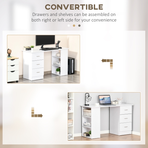 Bureau à domicile de 47&nbsp;po avec 3 tablettes de rangement, bureau d'ordinateur avec tiroirs, table d'étude Kepooman - Blanc