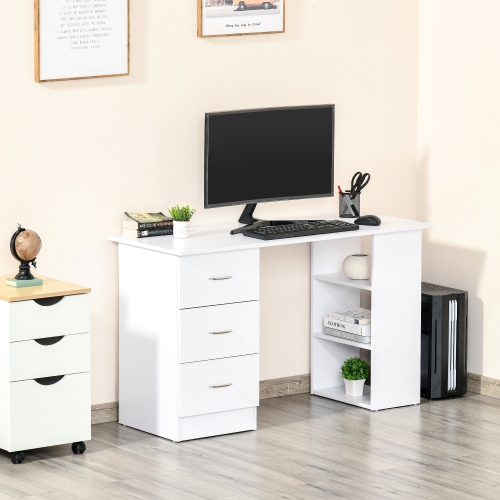 Bureau à domicile de 47&nbsp;po avec 3 tablettes de rangement, bureau d'ordinateur avec tiroirs, table d'étude Kepooman - Blanc