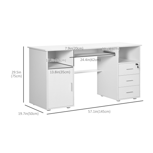 Kepooman Computer Desk with Keyboard Tray and Drawers, Writing Desk, Home Office Workstation, White