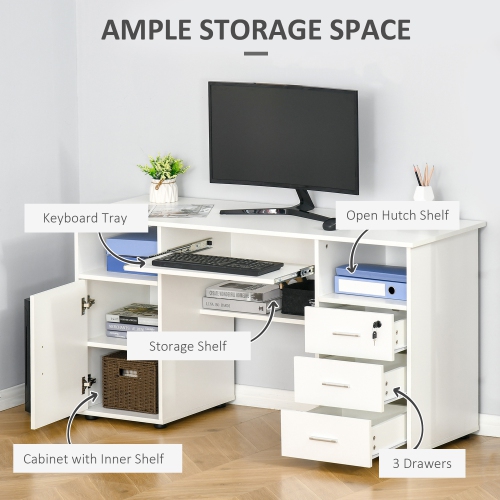 Kepooman Computer Desk with Keyboard Tray and Drawers, Writing Desk, Home Office Workstation, White