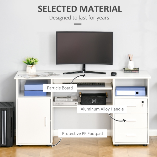 Kepooman Computer Desk with Keyboard Tray and Drawers, Writing Desk, Home Office Workstation, White