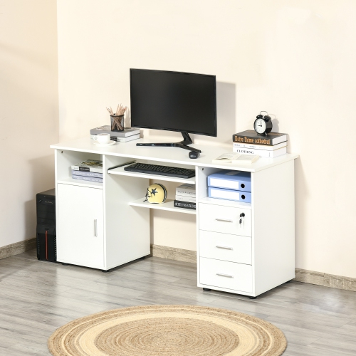 Kepooman Computer Desk with Keyboard Tray and Drawers, Writing Desk, Home Office Workstation, White