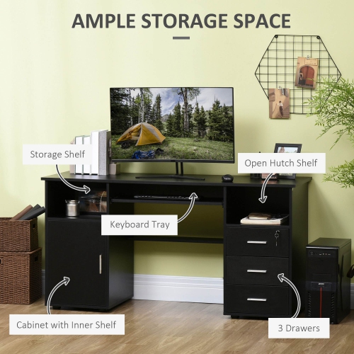 Kepooman Computer Desk with Keyboard Tray and Drawers, Writing Desk, Home Office Workstation, Black