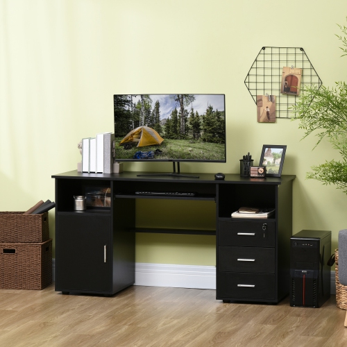 Kepooman Computer Desk with Keyboard Tray and Drawers, Writing Desk, Home Office Workstation, Black