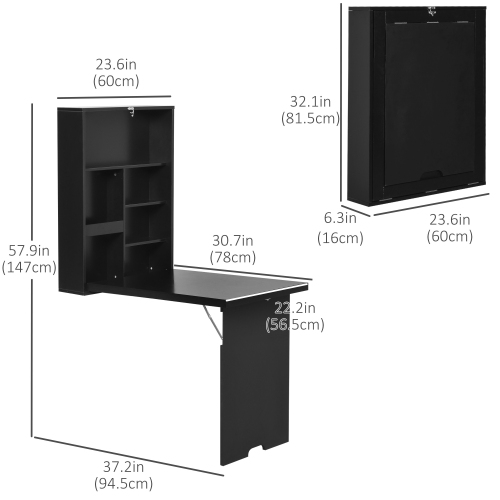 Kepooman Wall Mounted Table Fold Out Convertible Desk, Multi-Functional Space Saving Computer Desk with Writing Floating Board for Students, Black