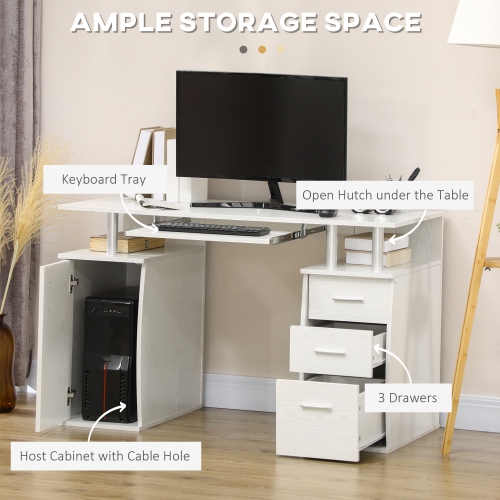 Kepooman 47" Computer Desk with Keyboard Tray and Storage Drawers, Home Office Workstation Table with Storage Shelves, White