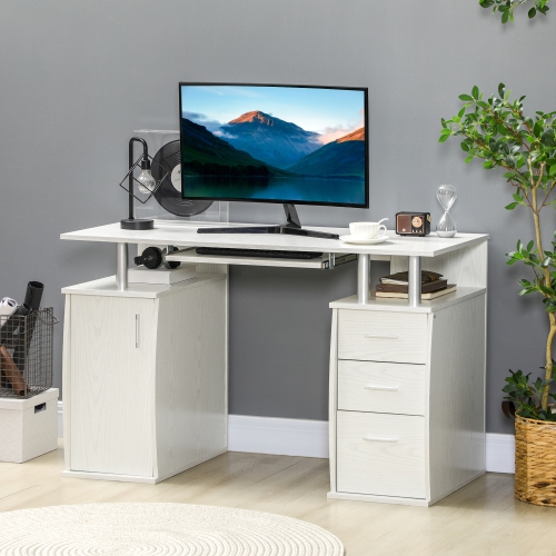 Kepooman 47" Computer Desk with Keyboard Tray and Storage Drawers, Home Office Workstation Table with Storage Shelves, White