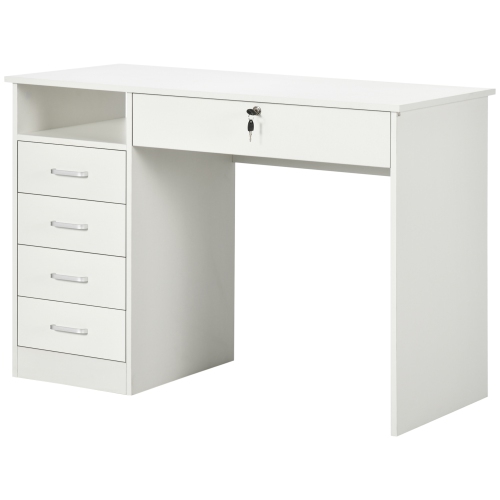 Kepooman Home Office Desk with Storage, Computer Desk with Lockable Drawer and Open Compartment, White