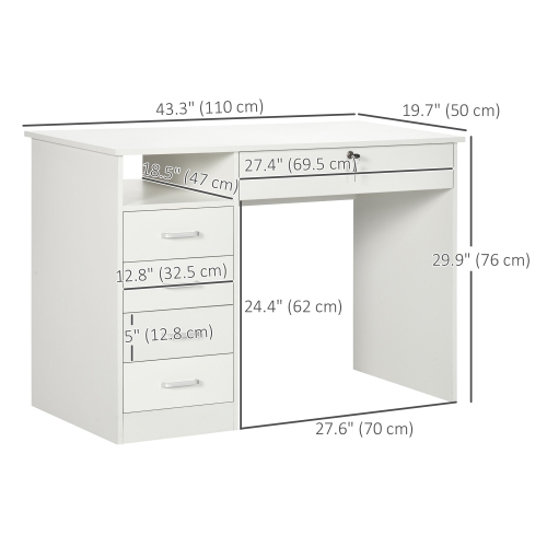 Kepooman Home Office Desk with Storage, Computer Desk with Lockable Drawer and Open Compartment, White