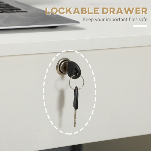 Kepooman Home Office Desk with Storage, Computer Desk with Lockable Drawer and Open Compartment, White