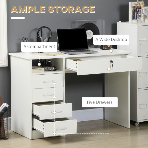 Kepooman Home Office Desk with Storage, Computer Desk with Lockable Drawer and Open Compartment, White