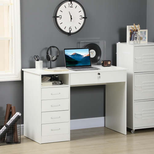 Kepooman Home Office Desk with Storage, Computer Desk with Lockable Drawer and Open Compartment, White
