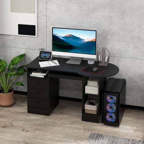 Kepooman Computer Desk with Storage, Home Office Laptop Table with Shelves and Drawers - Black