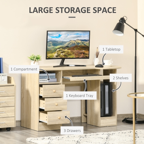 Kepooman Computer Desk with Storage, Home Office Laptop Table with Shelves and Drawers - Natural