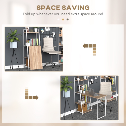 Kepooman Computer Desk with Storage Sheves and Foldable Tabletop, Writing Desk for Home Office and Study, White, Natural