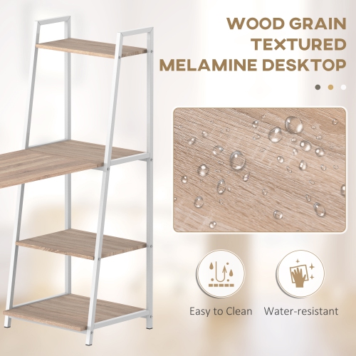 Kepooman Computer Desk with Storage Sheves and Foldable Tabletop, Writing Desk for Home Office and Study, White, Natural