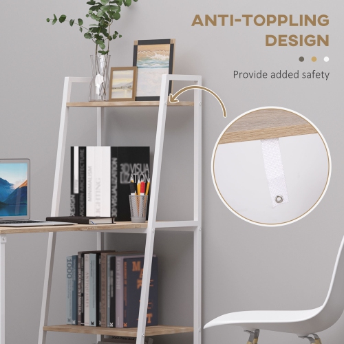 Kepooman Computer Desk with Storage Sheves and Foldable Tabletop, Writing Desk for Home Office and Study, White, Natural