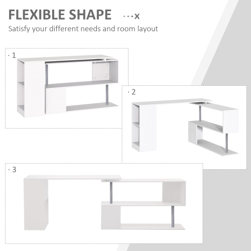 Kepooman 55" Corner Computer Desk, 360° Rotating L-Shaped Desk, Home Office Workstation with 3-Tier Shelves, Bookshelf, White