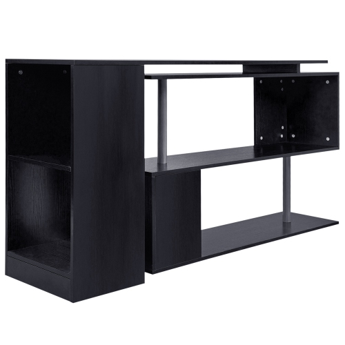 Kepooman 55" Corner Computer Desk, 360° Rotating L-Shaped Desk, Home Office Workstation with 3-Tier Shelves, Bookshelf, Black